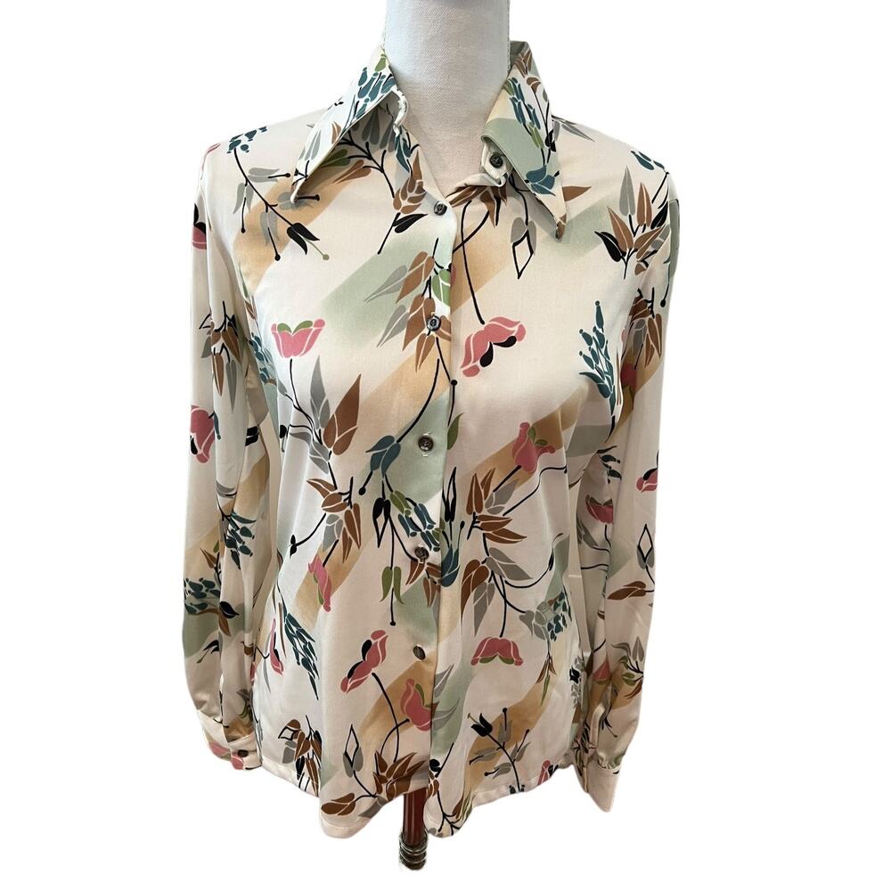 Vintage 70s Mod Floral Print Pointed Collar Polyester Disco Shirt